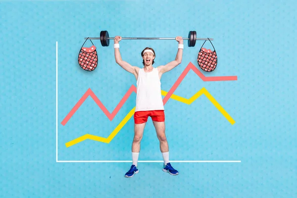 Creative photo 3d collage artwork poster of young sporty man raise package net full social media likes isolated on painting background.