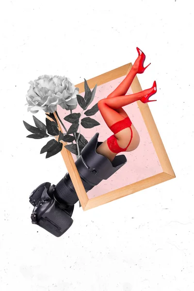 Kreatywne Zdjęcie Kolaż Grafika Plakat Pocztówka Dziewcząt Stopy Czerwony Rajstopy — Zdjęcie stockowe