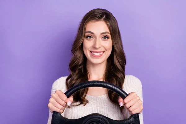 Photo of cheerful pretty lady wear stylish pullover buy new own car first drive lesson isolated on purple color background.