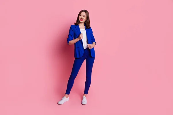 Full Length Photo Young Dreamy Smiling Businesswoman Wear Blue Formal — Stock Photo, Image