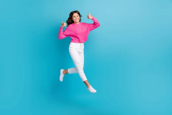 Full Length Photo Sweet Confident Lady Wear Pink Pullover Showing — Stock Photo, Image
