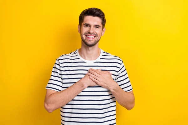 Portrait Satisfied Glad Man Beaming Smile Arms Palms Touch Heart — Stock Photo, Image