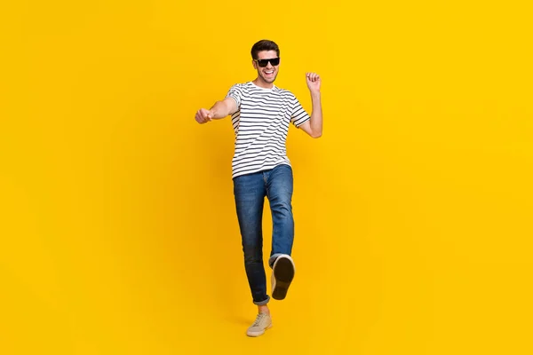 Full Length Photo Positive Cool Guy Dressed Striped Shirt Dark — Stock Photo, Image