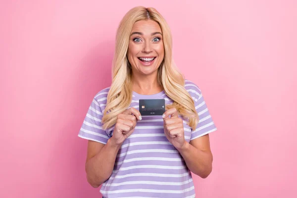 Photo Overjoyed Lady Blonde Hair Wear Trendy Purple Striped Shirt — Stock Photo, Image