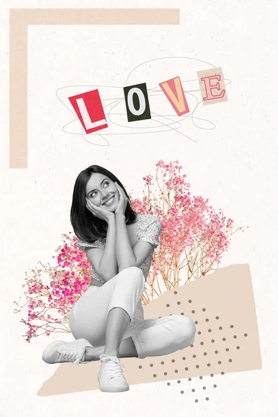 Foto Creativa Collage Artwork Poster Cartolina Gentile Bella Signora Innamorarsi — Foto Stock