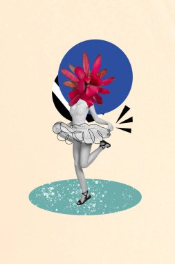 Vertical collage image of excited black white gamma girl flower instead head wind blow skirt dancing isolated on painted background. clipart