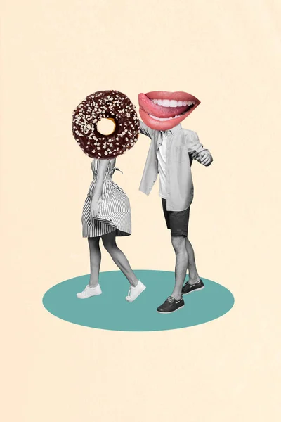 Vertical Artwork Photo Young Couple Headless Absurd Food Concept Girl — Stock Photo, Image