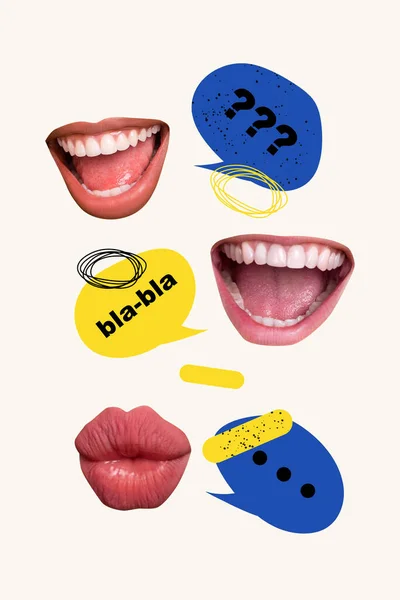 Vertikale Collage Foto Von Sprechenden Mund Menschen Gespräch Sätze Meinungen — Stockfoto