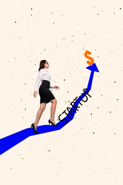 Vertikal Collage Bild Framgångsrika Mini Business Lady Promenad Klättra Rita — Stockfoto