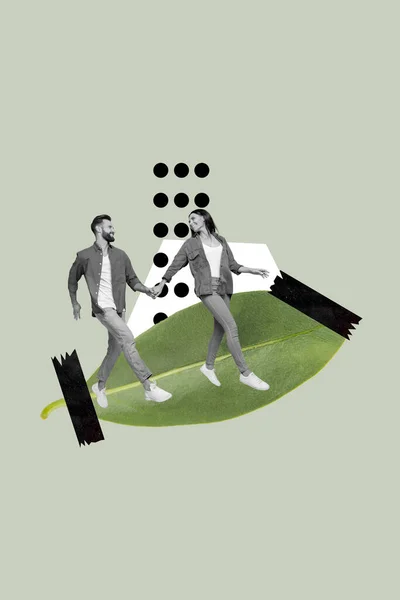 Vertical collage picture of two excited cheerful black white colors partners hold arms running big green leaf isolated on drawing background.