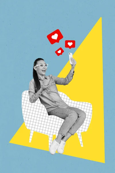 Artwork Photo Collage Positive Video Blogger Popular Influencer Hold Smartphone — Stock Photo, Image