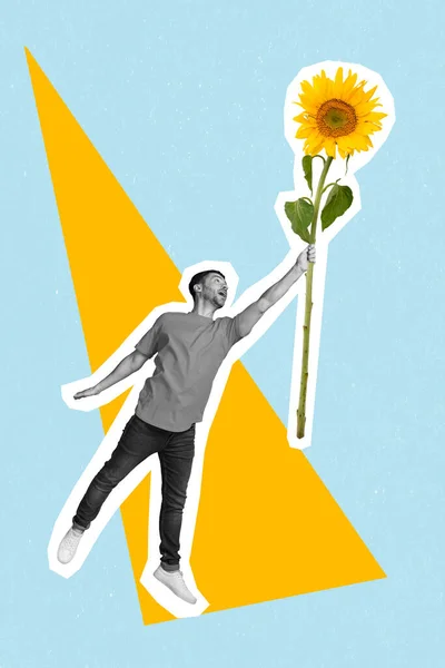 年轻喜形于色的男生带着礼物 自然向日葵夏天的绘画背景拼贴设计 — 图库照片