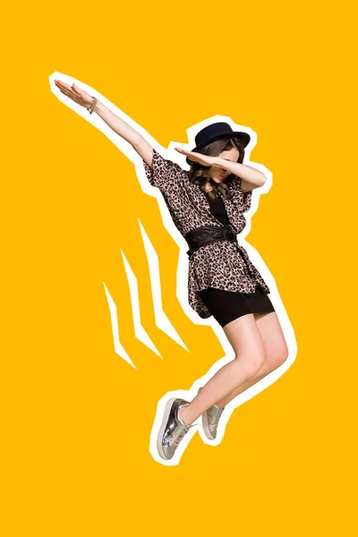 Creative photo collage of young dancing stay tiptoe teen youngster woman wear hat dab symbol hip hop wear leopard skirt isolated on yellow background.