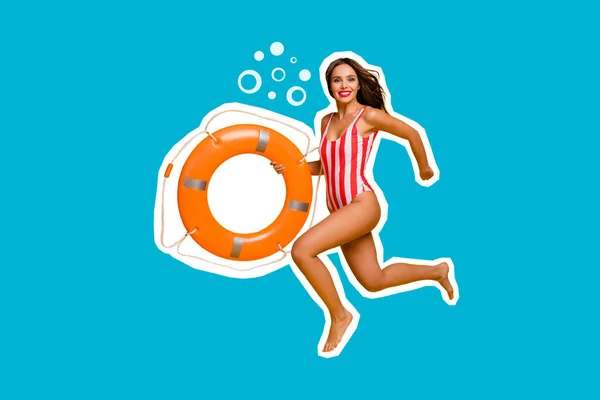 Collage 3d image of pinup pop retro sketch of excited lady lifeguard hurrying running fast isolated painting background.