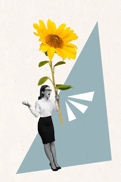 Retro Kreative Collage Kunstwerk Vorlage Der Strengen Dame Halten Sonnenblume — Stockfoto