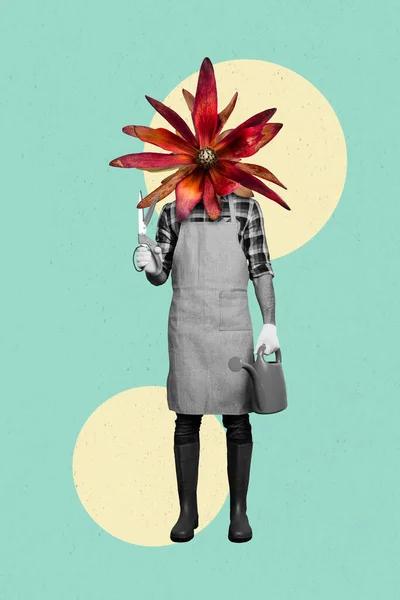Vertikale Foto Collage Von Kreativen Absurden Kopflosen Mann Gärtner Blühende — Stockfoto