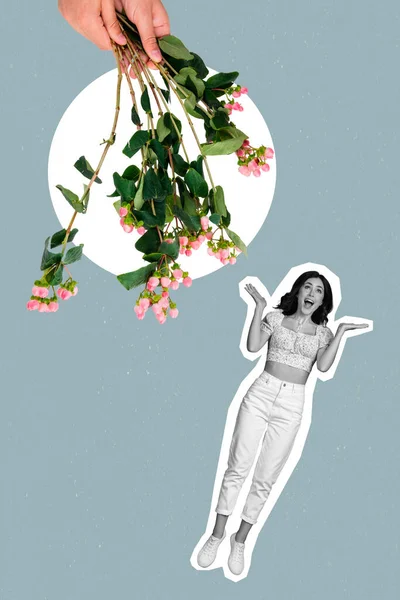 Vertikale Collage Bild Der Arme Halten Blumen Klein Erstaunt Schwarz — Stockfoto