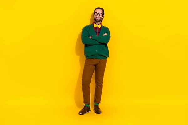 Full Body Photo Positive Successful Guy Folded Arms Look Empty — Stock Photo, Image