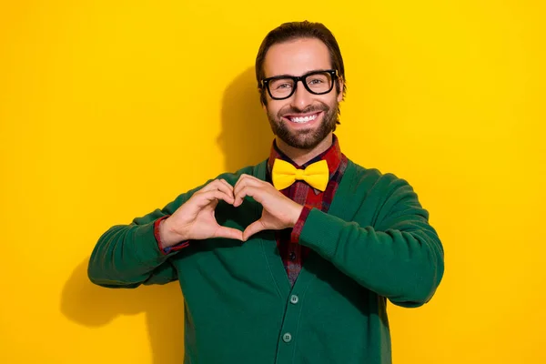 Photo Cheerful Nice Person Beaming Smile Arms Demonstrate Heart Symbol — Stock Photo, Image