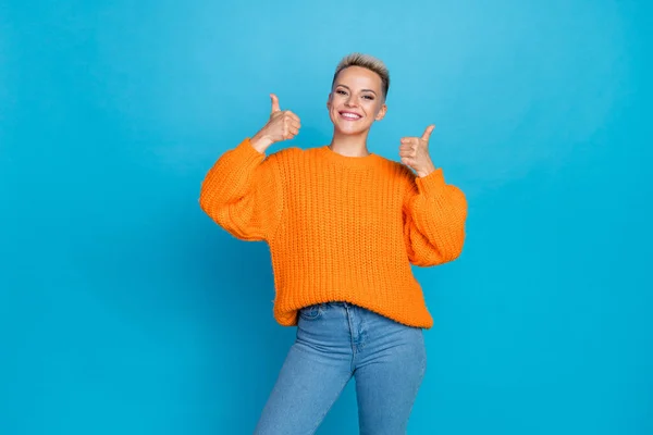 Photo Portrait Lovely Young Lady Show Double Thumb Good Job — Stock Photo, Image