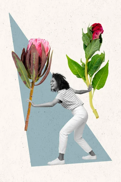 Genç Kızın Dikey Kolaj Fotoğrafı Farklı Taze Çiçekleri Tutuyor Doğal — Stok fotoğraf
