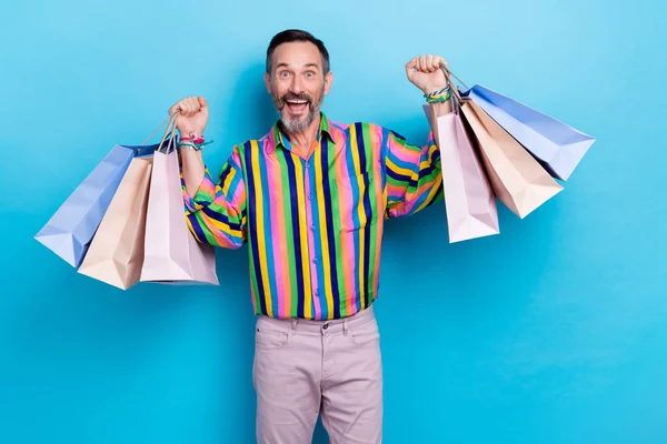 Photo Overjoyed Man Wear Stylish Colorful Retro Clothes Impressed Total — Stock Photo, Image