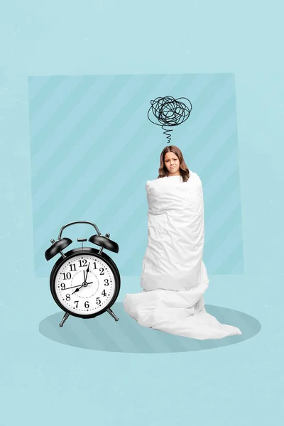 Creative photo 3d collage artwork poster of unhappy girl dont want leave bed wake up go school lessons isolated on painting background.