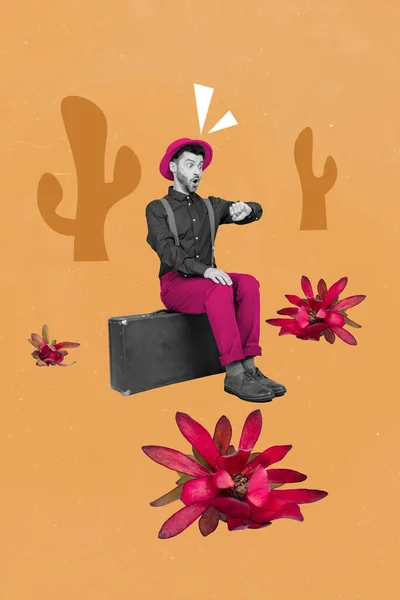 Kreativ Foto Collage Kunstwerk Poster Von Schockierten Mann Schauen Uhr — Stockfoto