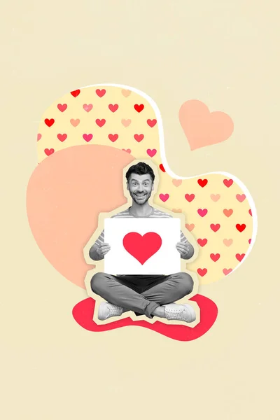 Resim Kolajı Heyecanlı Komik Adamın Yükselen Kalp Reklam Panosunun Küçük — Stok fotoğraf