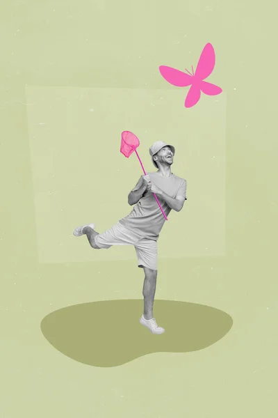 Collage 3d image of pinup pop retro sketch of funky excited guy catching pink butterfly isolated painting background.