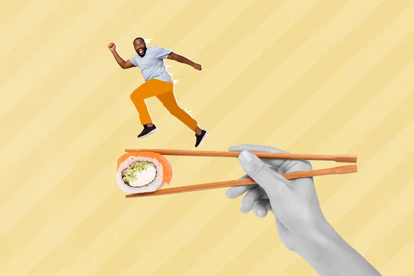 Collage 3d image of pinup pop retro sketch of excited guy running chopsticks holding sushi isolated painting background.