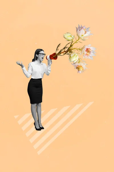 Kreativ Bild Collage Konstverk Affisch Rasande Ung Kvinna Skriker Efterfrågan — Stockfoto