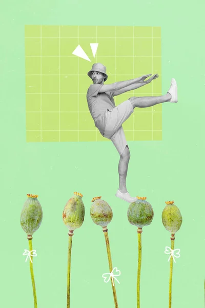 Creative 3d photo collage artwork graphics painting of funny funky guy dancing poppies isolated drawing background.
