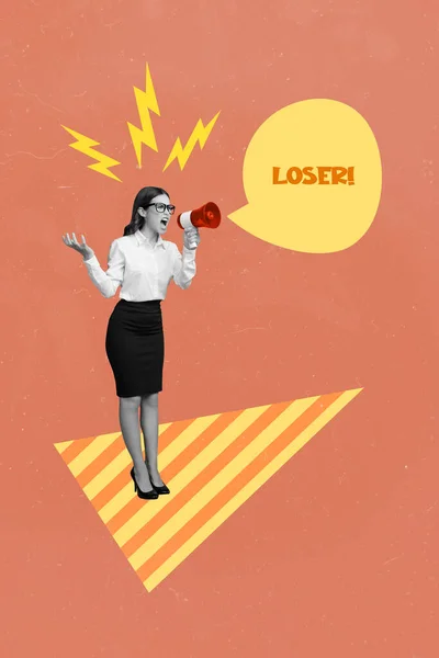 Collage Image Pinup Pop Retro Sketch Aggressive Lady Boss Shouting — Stock Photo, Image