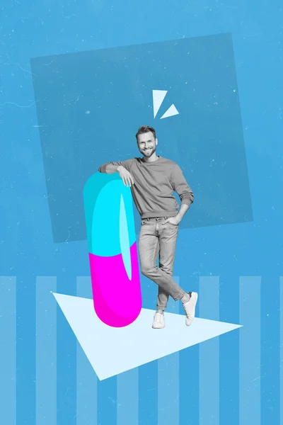 若い男の創造的な写真3Dコラージュアートワークポスター写真は 絵の背景に隔離された大きな丸薬スタンドの健康を取る — ストック写真
