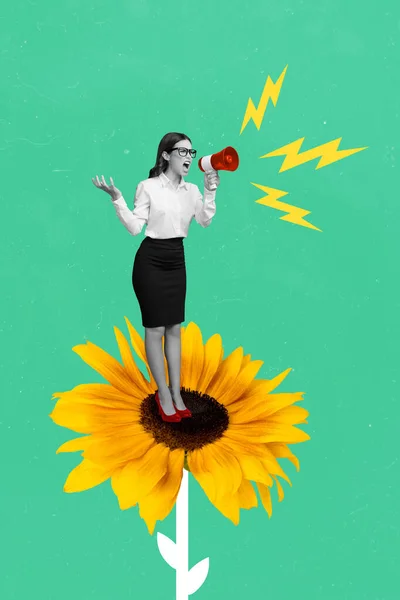 Foto Creativa Collage Artwork Poster Arrabbiato Giovane Donna Gridando Stop — Foto Stock