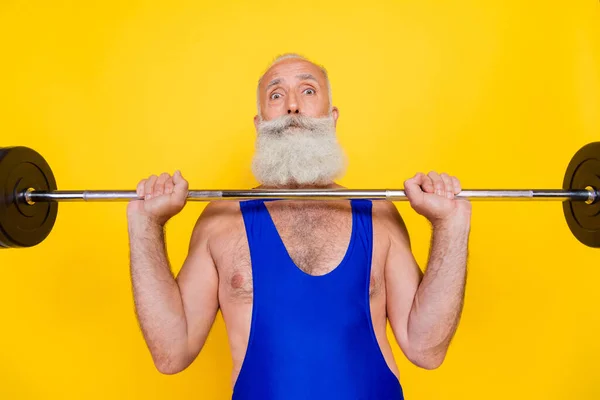 Photo Focused Determined Aged Man Hands Hold Barbell Push Press — Stock Photo, Image