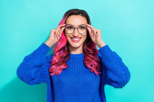 Photo advertisement poster of young model wavy pink hair girl wear new eyeglasses shopping spectacles vision isolated on aquamarine color background.