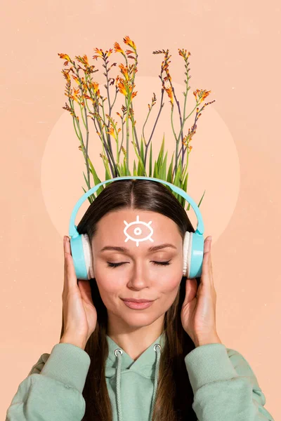 Artwork magazine collage picture of dreamy charming lady enjoying songs flowers growing head isolated drawing background.