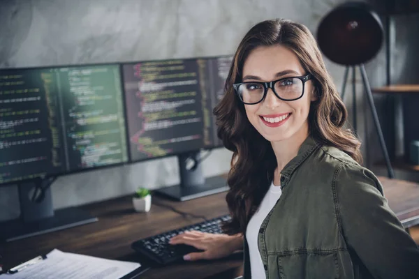 Portrait Cheerful Intelligent Manager Lady Toothy Smile Operating Typing Code — Stock Photo, Image