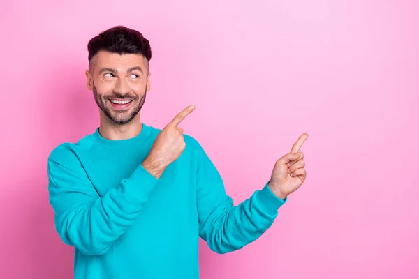 Photo Funny Guy Wear Bright Blue Jumper Looking Direct Fingers — Stock Photo, Image