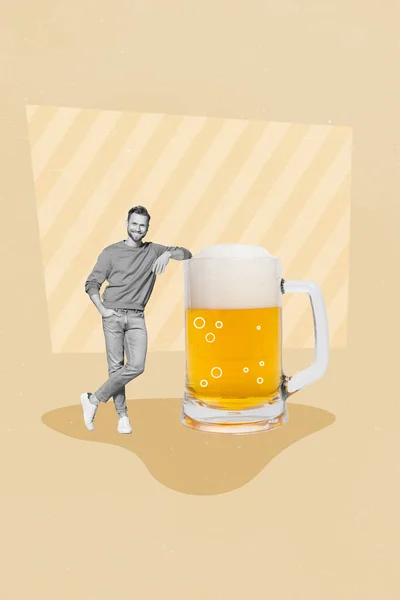 3d retro abstract creative collage artwork template of happy smiling guy enjoying big huge beer cup isolated painting background.