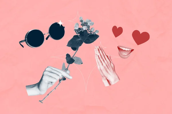 Composite collage picture of two people black white colors arms hold flower sunglass hearts instead eyes smiling mouth.