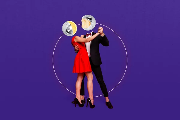 有创意的照片3D拼贴艺术海报明信片两个古怪的人一起跳舞庆祝活动孤立的绘画背景 — 图库照片