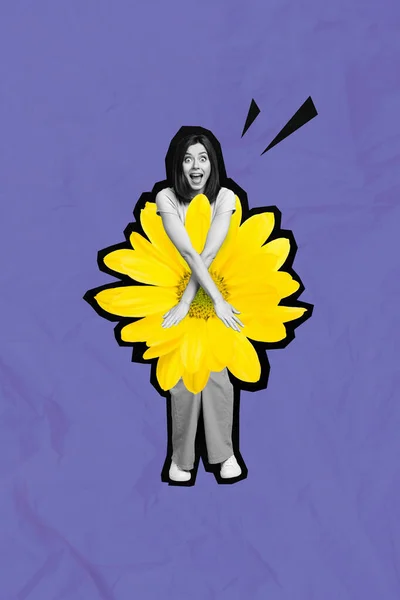 富有创意的照片3D拼贴艺术海报明信片上的疯女人的照片盖住隐藏的身体黄色雏菊孤立在绘画的背景 — 图库照片