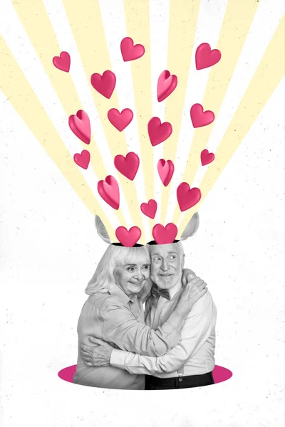 Collage Image Pinup Pop Retro Sketch Smiling Elderly Couple Open — Zdjęcie stockowe