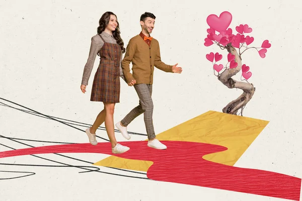 2人の素敵な人の手の創造的なアートワーク複合コラージュ写真一緒に愛の木の近くを歩くバレンタインデーの心ベージュの背景に孤立 — ストック写真