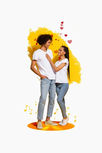 Composite collage photo of two young people wear white t-shirt hug enjoy idyllic love harmony spouses valentine day isolated on drawing background.