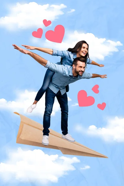 Vertical Creative Collage Two Cheerful People Piggyback Stand Paper Plane — Zdjęcie stockowe