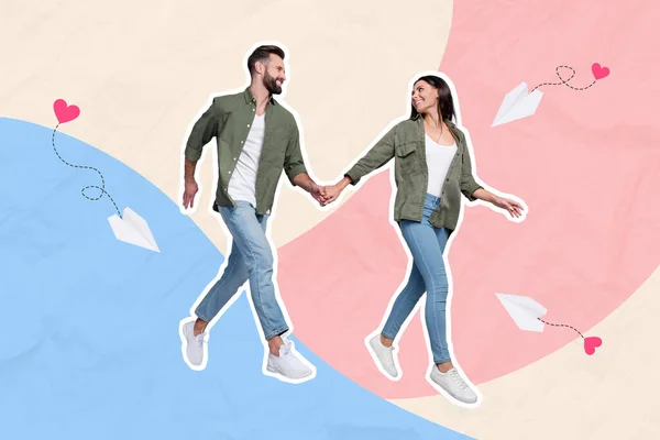 Creative Collage Picture Two Idyllic Lovers Hold Hands Running Together — Photo